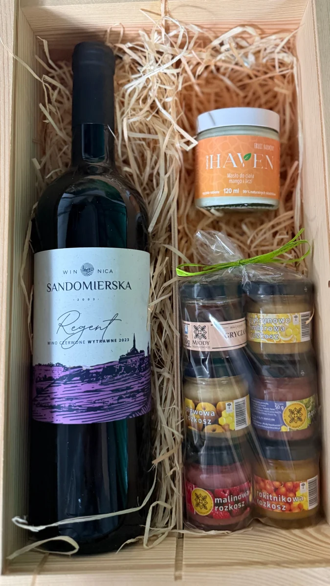 Zestaw prezentowy wino + masło do ciała + 6 szt. miodów